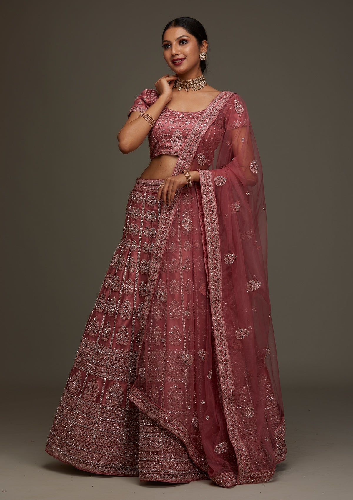 Onion Pink Mirrorwork Net Designer Semi ...